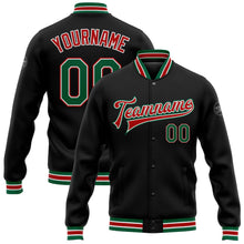 Laden Sie das Bild in den Galerie-Viewer, Uksn Individuelles Bomberjacke in Schwarz-Kelly-Grün-Rot mit Druckknopfleiste und Varsity-Letterman-Stil