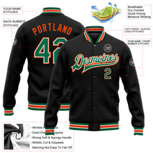 Laden Sie das Bild in den Galerie-Viewer, Uksn Individuelles Bomberjacke in Schwarz-Kelly-Grün-Orange mit Druckknopfleiste und Varsity-Letterman-Stil