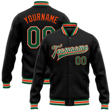 Laden Sie das Bild in den Galerie-Viewer, Uksn Individuelles Bomberjacke in Schwarz-Kelly-Grün-Orange mit Druckknopfleiste und Varsity-Letterman-Stil