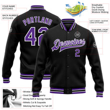 Laden Sie das Bild in den Galerie-Viewer, Uksn Individuelles Bomberjacke in Schwarz-Violett-Weiß mit Druckknopfleiste und Varsity-Letterman-Stil