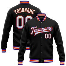 Laden Sie das Bild in den Galerie-Viewer, Uksn Individuelles Bomberjacke in Schwarz-Weiß-Violett-Orange mit Druckknopfleiste und Varsity-Letterman-Stil