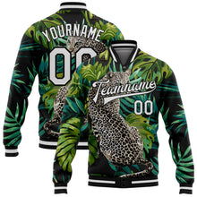 Laden Sie das Bild in den Galerie-Viewer, Uksn Individuelles Bomberjacke in Schwarz-Weiß mit 3D-Design mit Leopard und tropischen Palmen, Druckknopfleiste und Varsity-Letterman-Stil
