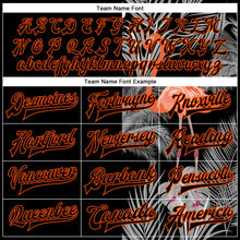 Laden Sie das Bild in den Galerie-Viewer, Uksn Individuelles Bomberjacke in Schwarz-Orange-Grau mit 3D-Design mit Flamingo und tropischen Hawaii-Palmen, Druckknopfleiste und Varsity-Letterman-Stil