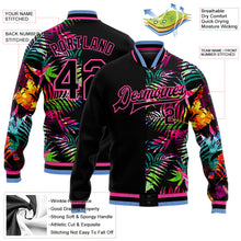 Laden Sie das Bild in den Galerie-Viewer, Uksn Individuelles Bomberjacke in Schwarz-Pink-Hellblau mit 3D-Hawaii-Palmen-Design, Druckknopfleiste und Varsity-Letterman-Stil