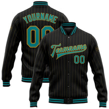Laden Sie das Bild in den Galerie-Viewer, Uksn Individuelles Bomberjacke in Schwarz mit altgoldfarbenen Nadelstreifen in Petrol, Druckknopfleiste und Varsity-Letterman-Stil