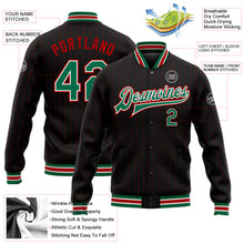 Laden Sie das Bild in den Galerie-Viewer, Uksn Individuelles Bomberjacke in Schwarz mit roten Nadelstreifen in Kelly-Grün-Weiß, Druckknopfleiste und Varsity-Letterman-Stil