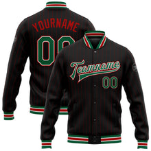 Laden Sie das Bild in den Galerie-Viewer, Uksn Individuelles Bomberjacke in Schwarz mit roten Nadelstreifen in Kelly-Grün-Weiß, Druckknopfleiste und Varsity-Letterman-Stil