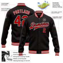 Laden Sie das Bild in den Galerie-Viewer, Uksn Individuelles Bomberjacke in Schwarz mit roten Nadelstreifen in Rot-Weiß, Druckknopfleiste und Varsity-Letterman-Stil