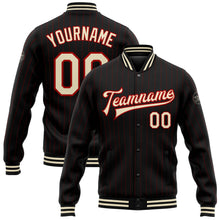Laden Sie das Bild in den Galerie-Viewer, Uksn Individuelles Bomberjacke in Schwarz mit roten Nadelstreifen in Creme, Druckknopfleiste und Varsity-Letterman-Stil