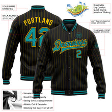 Laden Sie das Bild in den Galerie-Viewer, Uksn Individuelles Bomberjacke in Schwarz mit gelben Nadelstreifen in Petrol, Druckknopfleiste und Varsity-Letterman-Stil