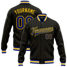Laden Sie das Bild in den Galerie-Viewer, Uksn Individuelles Bomberjacke in Schwarz mit gelben Nadelstreifen in Royalblau-Weiß, Druckknopfleiste und Varsity-Letterman-Stil