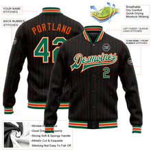 Laden Sie das Bild in den Galerie-Viewer, Uksn Individuelles Bomberjacke in Schwarz mit orangefarbenen Nadelstreifen in Kelly-Grün-Weiß, Druckknopfleiste und Varsity-Letterman-Stil