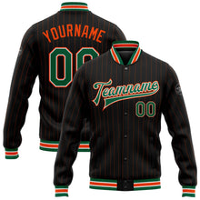 Laden Sie das Bild in den Galerie-Viewer, Uksn Individuelles Bomberjacke in Schwarz mit orangefarbenen Nadelstreifen in Kelly-Grün-Weiß, Druckknopfleiste und Varsity-Letterman-Stil