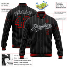Laden Sie das Bild in den Galerie-Viewer, Uksn Individuelles Bomberjacke in Schwarz mit grauen Nadelstreifen in Rot, Druckknopfleiste und Varsity-Letterman-Stil