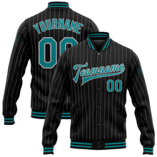 Laden Sie das Bild in den Galerie-Viewer, Uksn Individuelles Bomberjacke in Schwarz mit grauen Nadelstreifen in Petrol, Druckknopfleiste und Varsity-Letterman-Stil