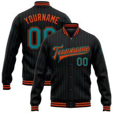 Laden Sie das Bild in den Galerie-Viewer, Uksn Individuelles Bomberjacke in Schwarz mit petrolfarbenen Nadelstreifen in Orange, Druckknopfleiste und Varsity-Letterman-Stil