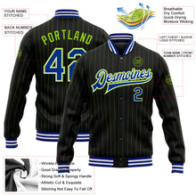 Laden Sie das Bild in den Galerie-Viewer, Uksn Individuelles Bomberjacke in Schwarz mit neongrünen Nadelstreifen in Royalblau-Weiß, Druckknopfleiste und Varsity-Letterman-Stil