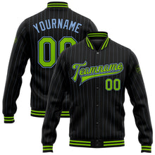 Laden Sie das Bild in den Galerie-Viewer, Uksn Individuelles Bomberjacke in Schwarz mit hellblauen Nadelstreifen in Neongrün, Druckknopfleiste und Varsity-Letterman-Stil
