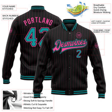 Laden Sie das Bild in den Galerie-Viewer, Uksn Individuelles Bomberjacke in Schwarz mit pinken Nadelstreifen in Petrol, Druckknopfleiste und Varsity-Letterman-Stil