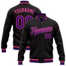Laden Sie das Bild in den Galerie-Viewer, Uksn Individuelles Bomberjacke in Schwarz mit pinken Nadelstreifen in Violett, Druckknopfleiste und Varsity-Letterman-Stil