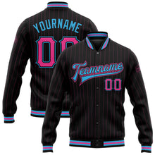 Laden Sie das Bild in den Galerie-Viewer, Uksn Individuelles Bomberjacke in Schwarz mit pinken Nadelstreifen in Himmelblau, Druckknopfleiste und Varsity-Letterman-Stil