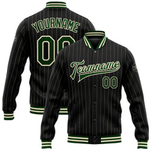Laden Sie das Bild in den Galerie-Viewer, Uksn Individuelles Bomberjacke in Schwarz mit cremefarbenen Nadelstreifen in Grün, Druckknopfleiste und Varsity-Letterman-Stil