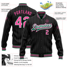 Laden Sie das Bild in den Galerie-Viewer, Uksn Individuelles Bomberjacke in Schwarz mit weißen Nadelstreifen in Pink-Kelly-Grün, Druckknopfleiste und Varsity-Letterman-Stil