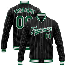 Laden Sie das Bild in den Galerie-Viewer, Uksn Individuelles Bomberjacke in Schwarz mit weißen Nadelstreifen in Kelly-Grün, Druckknopfleiste und Varsity-Letterman-Stil