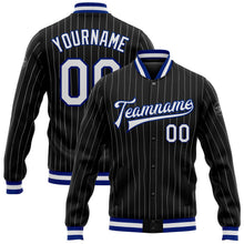 Laden Sie das Bild in den Galerie-Viewer, Uksn Individuelles Bomberjacke in Schwarz mit weißen Nadelstreifen in Royalblau, Druckknopfleiste und Varsity-Letterman-Stil