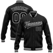 Laden Sie das Bild in den Galerie-Viewer, Uksn Individuelles Bomberjacke in Schwarz mit weißen Nadelstreifen in Weiß, Druckknopfleiste und Varsity-Letterman-Stil