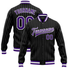 Laden Sie das Bild in den Galerie-Viewer, Uksn Individuelles Bomberjacke in Schwarz mit weißen Nadelstreifen in Violett, Druckknopfleiste und Varsity-Letterman-Stil