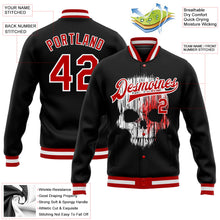 Laden Sie das Bild in den Galerie-Viewer, Uksn Individuelles Bomberjacke in Schwarz-Rot-Weiß mit 3D-Totenkopf-Design, Druckknopfleiste und Varsity-Letterman-Stil