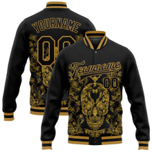 Laden Sie das Bild in den Galerie-Viewer, Uksn Individuelles Bomberjacke in Schwarz-Altgold mit 3D-Totenkopf-Design, Druckknopfleiste und Varsity-Letterman-Stil