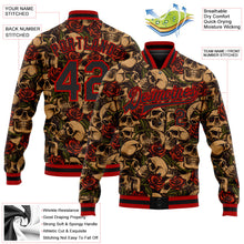 Laden Sie das Bild in den Galerie-Viewer, Uksn Individuelles Bomberjacke in Schwarz mit 3D-Totenkopf-Design mit roter Rose, Druckknopfleiste und Varsity-Letterman-Stil