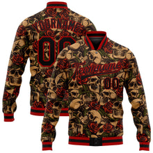 Laden Sie das Bild in den Galerie-Viewer, Uksn Individuelles Bomberjacke in Schwarz mit 3D-Totenkopf-Design mit roter Rose, Druckknopfleiste und Varsity-Letterman-Stil