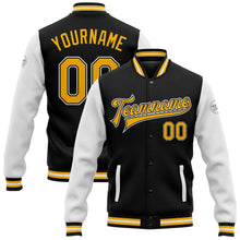 Laden Sie das Bild in den Galerie-Viewer, Uksn Individuelles Bomberjacke in Schwarz-Gold-Weiß mit Druckknopfleiste, Zweifarben-Design und Varsity-Letterman-Stil
