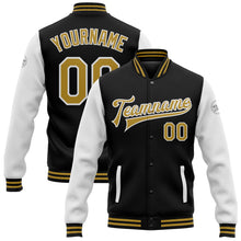 Laden Sie das Bild in den Galerie-Viewer, Uksn Individuelles Bomberjacke in Schwarz-Altgold-Weiß mit Druckknopfleiste, Zweifarben-Design und Varsity-Letterman-Stil