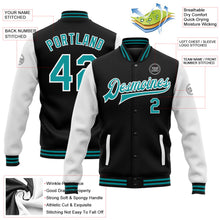 Laden Sie das Bild in den Galerie-Viewer, Uksn Individuelles Bomberjacke in Schwarz-Petrol-Weiß mit Druckknopfleiste, Zweifarben-Design und Varsity-Letterman-Stil