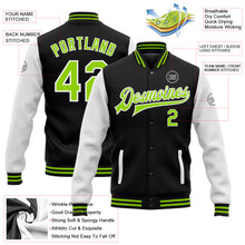 Laden Sie das Bild in den Galerie-Viewer, Uksn Individuelles Bomberjacke in Schwarz-Neongrün-Weiß mit Druckknopfleiste, Zweifarben-Design und Varsity-Letterman-Stil