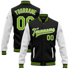 Laden Sie das Bild in den Galerie-Viewer, Uksn Individuelles Bomberjacke in Schwarz-Neongrün-Weiß mit Druckknopfleiste, Zweifarben-Design und Varsity-Letterman-Stil