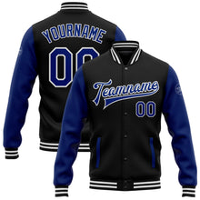 Laden Sie das Bild in den Galerie-Viewer, Uksn Individuelles Bomberjacke in Schwarz-Royalblau-Weiß mit Druckknopfleiste, Zweifarben-Design und Varsity-Letterman-Stil