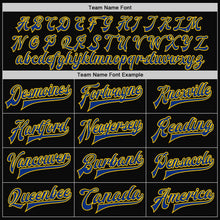 Laden Sie das Bild in den Galerie-Viewer, Uksn Individuelles Bomberjacke in Schwarz-Royalblau-Gelb mit Druckknopfleiste, Zweifarben-Design und Varsity-Letterman-Stil