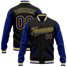 Laden Sie das Bild in den Galerie-Viewer, Uksn Individuelles Bomberjacke in Schwarz-Royalblau-Gelb mit Druckknopfleiste, Zweifarben-Design und Varsity-Letterman-Stil