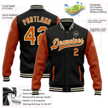 Laden Sie das Bild in den Galerie-Viewer, Uksn Individuelles Bomberjacke in Schwarz-Texas-Orange-Creme mit Druckknopfleiste, Zweifarben-Design und Varsity-Letterman-Stil