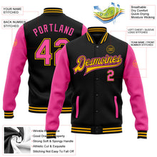 Laden Sie das Bild in den Galerie-Viewer, Uksn Individuelles Bomberjacke in Schwarz-Pink-Gold mit Druckknopfleiste, Zweifarben-Design und Varsity-Letterman-Stil