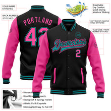 Laden Sie das Bild in den Galerie-Viewer, Uksn Individuelles Bomberjacke in Schwarz-Pink-Petrol mit Druckknopfleiste, Zweifarben-Design und Varsity-Letterman-Stil