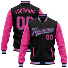 Laden Sie das Bild in den Galerie-Viewer, Uksn Individuelles Bomberjacke in Schwarz-Pink-Hellblau mit Druckknopfleiste, Zweifarben-Design und Varsity-Letterman-Stil