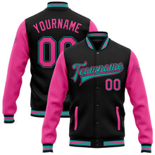 Laden Sie das Bild in den Galerie-Viewer, Uksn Individuelles Bomberjacke in Schwarz-Pink-Aqua mit Druckknopfleiste, Zweifarben-Design und Varsity-Letterman-Stil