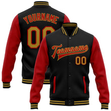Laden Sie das Bild in den Galerie-Viewer, Uksn Individuelles Bomberjacke in Schwarz-Altgold-Rot mit Druckknopfleiste, Zweifarben-Design und Varsity-Letterman-Stil