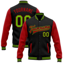 Laden Sie das Bild in den Galerie-Viewer, Uksn Individuelles Bomberjacke in Schwarz-Neongrün-Rot mit Druckknopfleiste, Zweifarben-Design und Varsity-Letterman-Stil